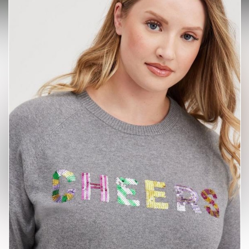 TORRID pullover sweater size 4 sequin 100% cotton Mardi Gras Cheers